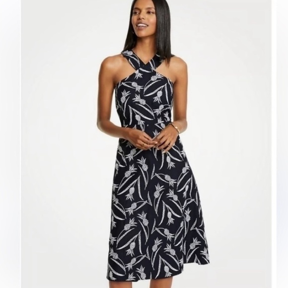Ann Taylor Dresses & Skirts - Ann Taylor Women's Size 4 Blue Pineapple Embroidered Halter Midi Dress